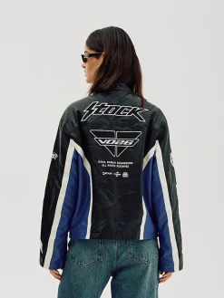 Faux Leather Moto Jacket, Women - Cobalt Blue