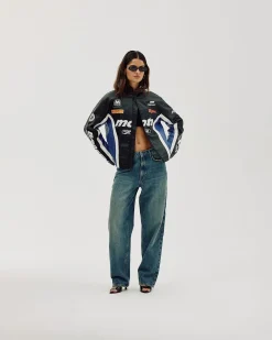 Faux Leather Moto Jacket, Women - Cobalt Blue