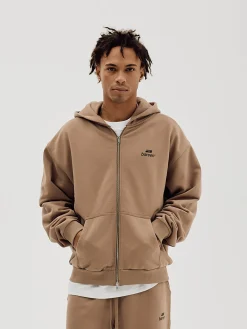 Logo Oversize Zip Hoodie, Men - Mocha
