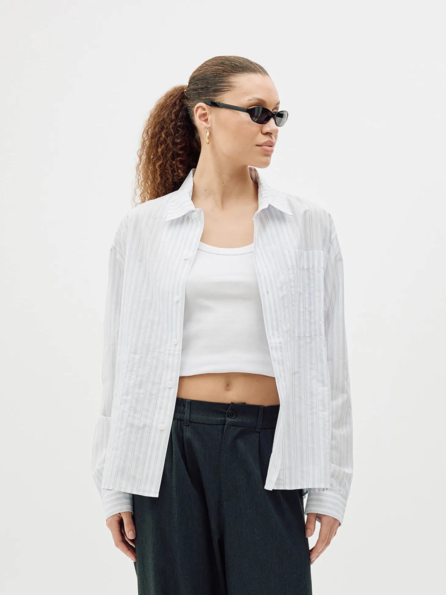 Striped Button-Up Shirt, Women - Blue Stripe